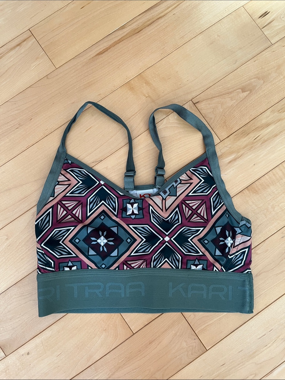 Kari Traa Geo-Pattern Sports Bra — Olive, Pink, Blue